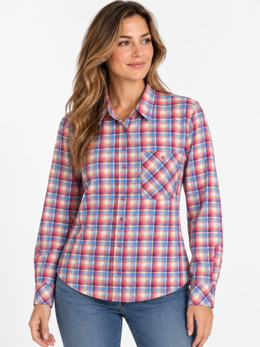 Patagonia Havasu Shirt Womens M Pink Blue Plaid Snap Long Sleeve Hiking Outdoor